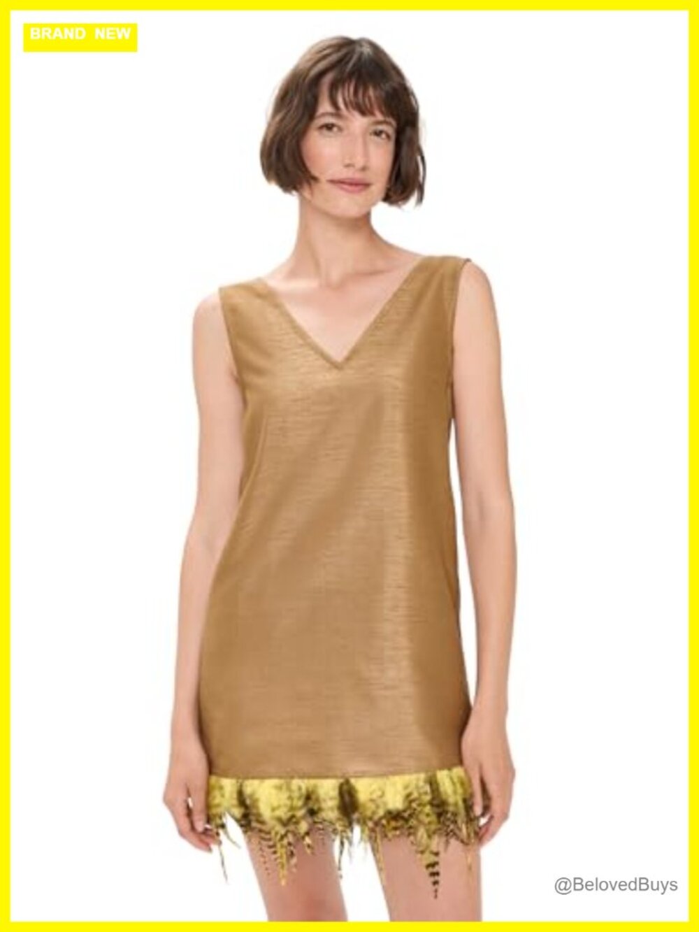 Chan Luu Dupion Tank Sleeveless V-Neck Faux Feather Hem Mini